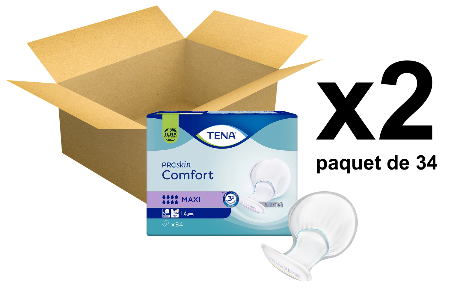 TENA Comfort Proskin - Protections Anatomiques - Maxi - x34 - Carton de 2 paquets
