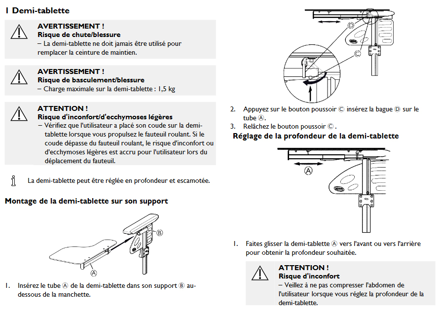 Demi Tablette - Escamotable à Gauche - Fauteuil Roulant Action NG 