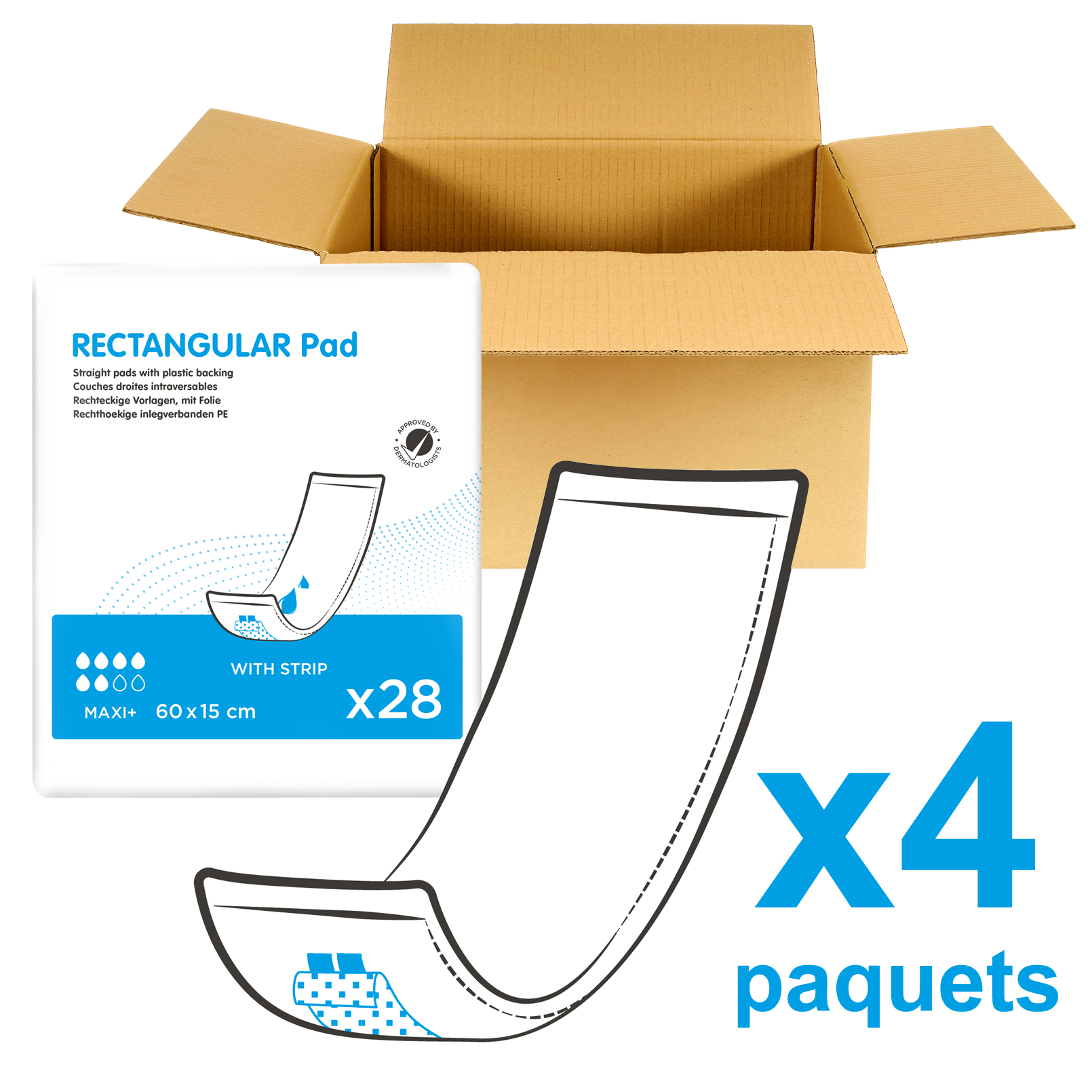 ID Rectangular Pad Traversable - Maxi Plus - 15 x 60 CM - 4 paquets de 28 - ONTEX