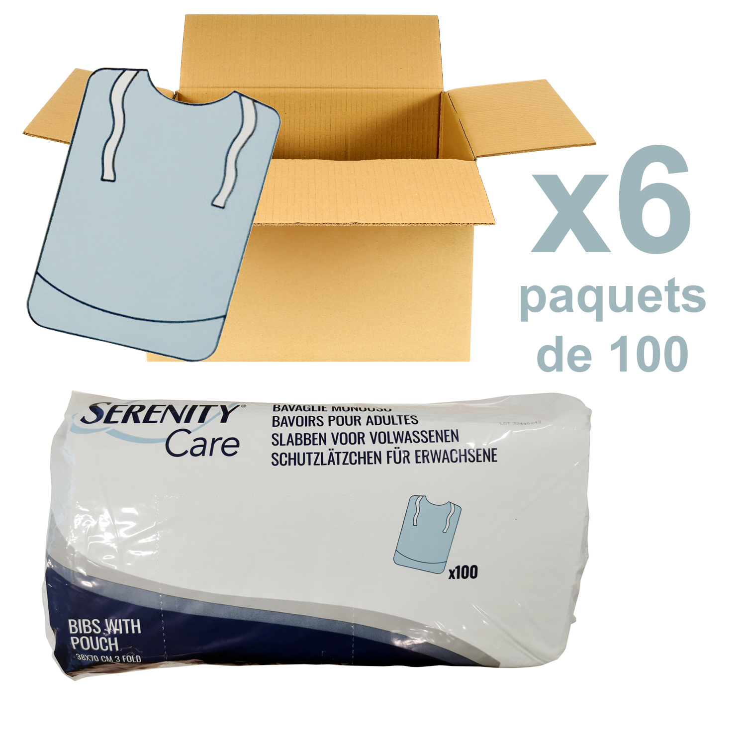 ID Serenity Care - Bavoir 3 Plis avec poche - 70 x 38 CM - 6 paquets de 100 - ONTEX